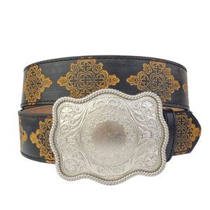 Western Silver Plaque Buckle with embossed belt